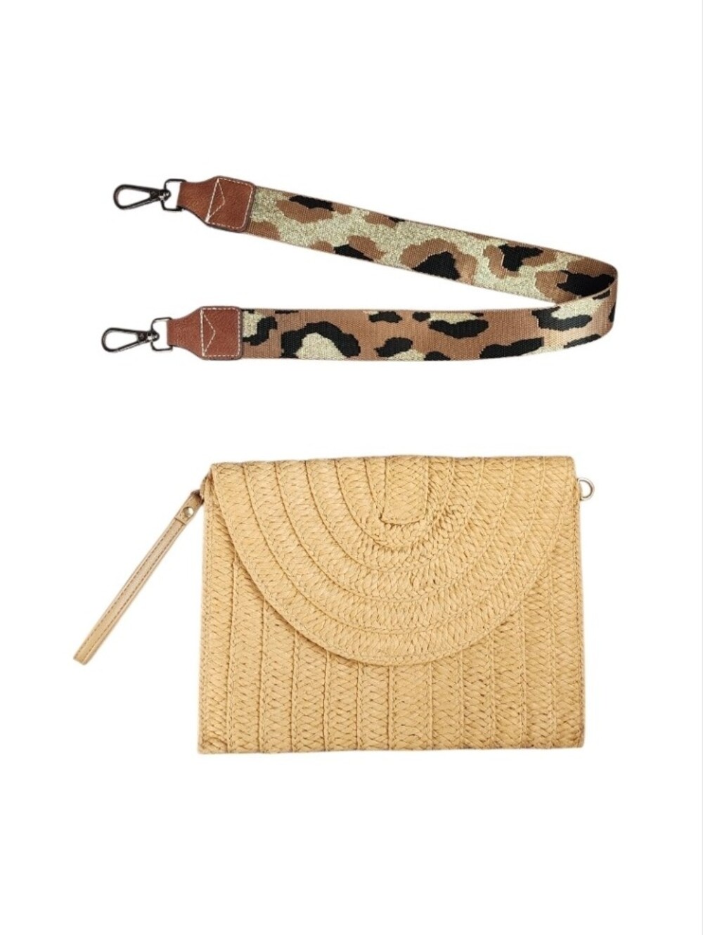 Woven Straw Clutch Bag with Detachable Leopard Print Strap - Tan